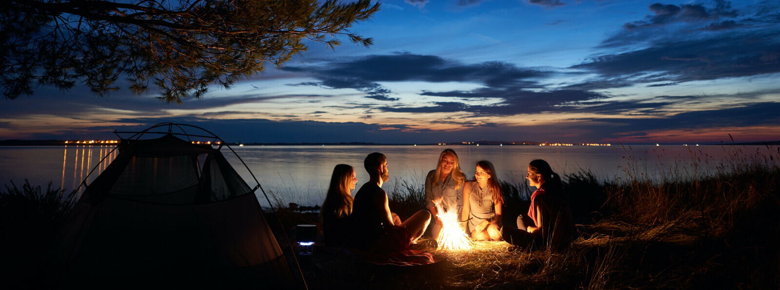 Happy people sitting around a campfire